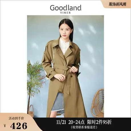 Goodland美地女装2023春季聚酯纤维斜纹苔藓绿复古英伦风风衣图片