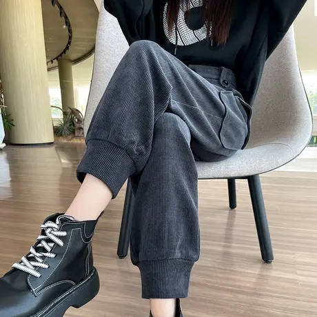 灯芯绒束脚工装裤女2024新款秋冬加厚高腰休闲宽松直筒哈伦运动裤图片