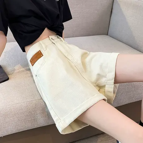 杏色牛仔短裤女夏季薄款高腰宽松显瘦卷边小个子a字阔腿休闲热裤图片