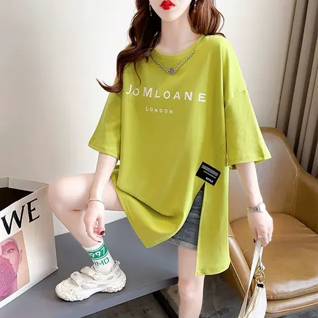 短袖t恤女夏季韩版宽松大码女装中长款不规则开叉下衣失踪上衣服商品大图