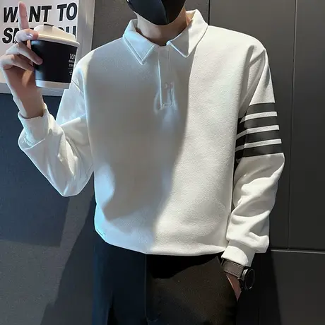 翻领POLO衫卫衣男春秋季潮牌ins个性高街修身休闲青少年长袖上衣图片