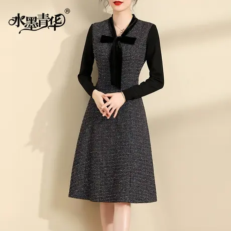水墨青华冬季新品简约显瘦打底裙百搭时尚小香风针织连衣裙图片