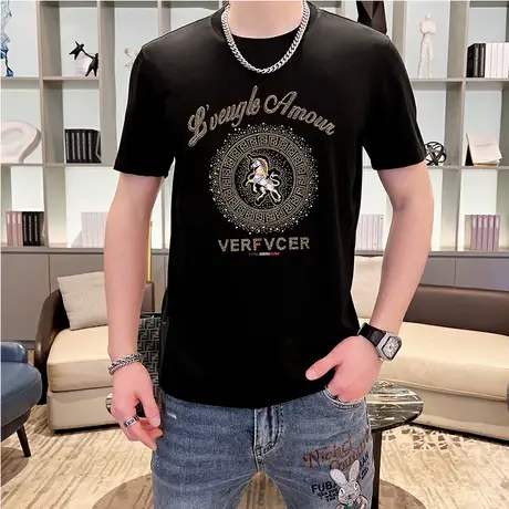 2023夏季高档烫钻纯棉男士短袖t恤打底衫圆领体恤潮流半袖上衣服T商品大图