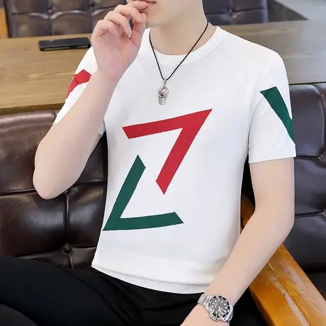 冰丝圆领短袖T恤男薄款透气夏装潮牌提花冰感休闲针织体恤衫半袖商品大图