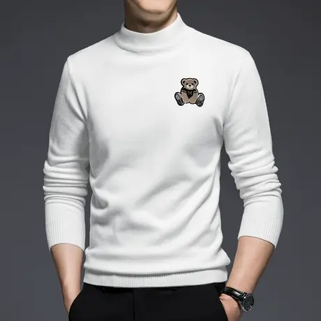 男士毛衣秋冬季半高领内搭白色打底衫潮流小熊中领毛衫针织衫线衣图片