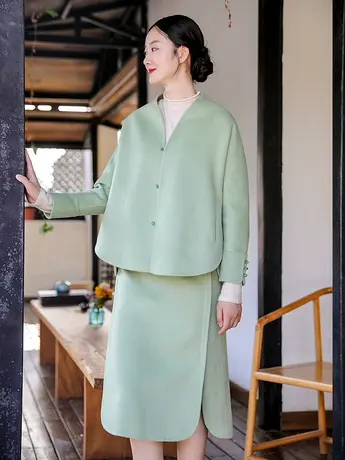 素飞中式毛呢外套春季新款唐装女中国风双面羊毛短上衣禅意茶人服图片