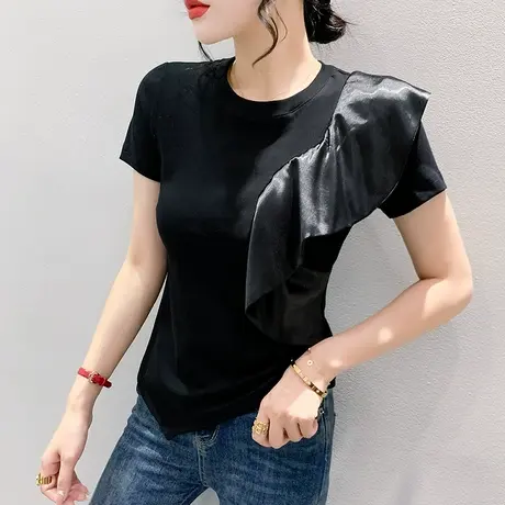 欧货荷叶边上衣女短袖2023夏装新款不规则开叉T恤显瘦修身小衫ins商品大图