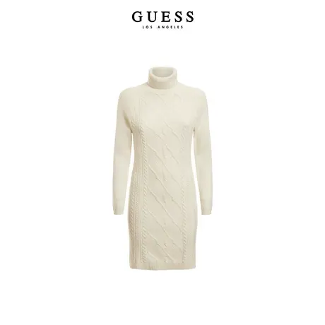【38上新季】GUESS  女士白色长袖高领气质修身花纹针织连衣裙图片