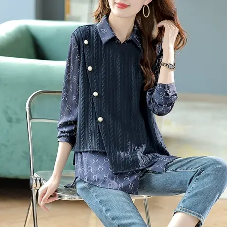 宝诗黎假两件针织印花拼接衬衫2023秋季新款时尚上衣不规则衬衣女商品大图