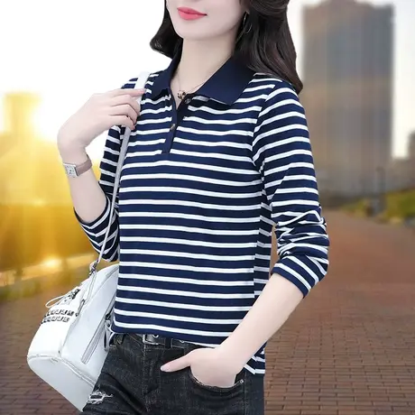 恋上17号长袖polo衫条纹t恤女2023年新款春秋休闲百搭打底衫女士商品大图