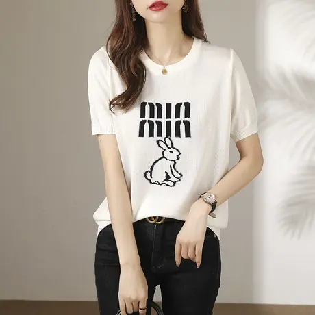 冰丝短袖t恤女宽松大码女装2023新款夏季正肩针织衫半袖上衣体恤图片