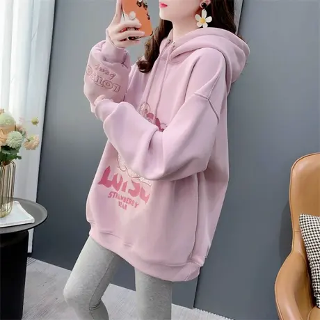 美式复古卡通草莓熊加绒连帽卫衣女秋冬新款宽松慵懒风外套ins潮图片