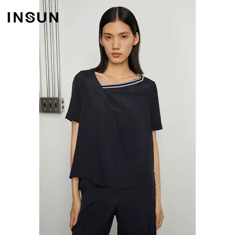 INSUN恩裳夏季垂感斜领百搭真丝T恤商品大图