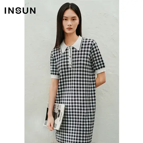 INSUN恩裳专选夏季格纹提花POLO领针织连衣裙图片