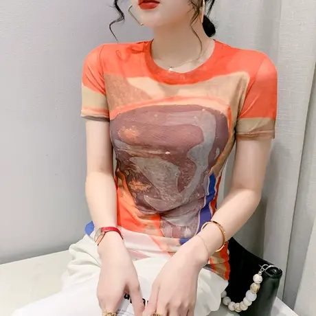 欧货性感网纱T恤女短袖漂亮年轻印花小衫修身显瘦洋气上衣夏装ins商品大图