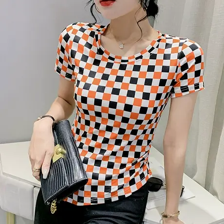 时尚拼色格子T恤女短袖2024夏装新款设计感不规则小衫洋气上衣潮商品大图