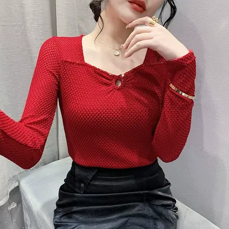 欧货性感蕾丝衫女长袖春秋纯色百搭洋气上衣别致心机镂空T恤小衫商品大图