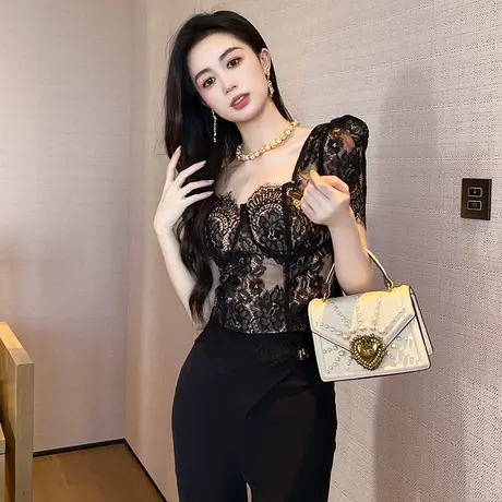 泡泡袖正肩方领上衣2023新款通勤复古气质御姐打底短袖t恤女夏季图片