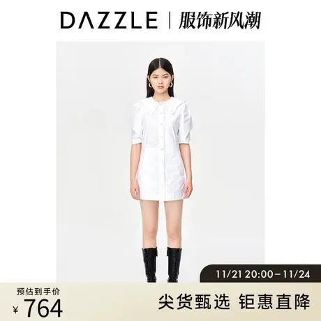 DAZZLE地素 奥莱白色贝壳贴布绣波浪领泡泡袖收腰连衣裙女商品大图