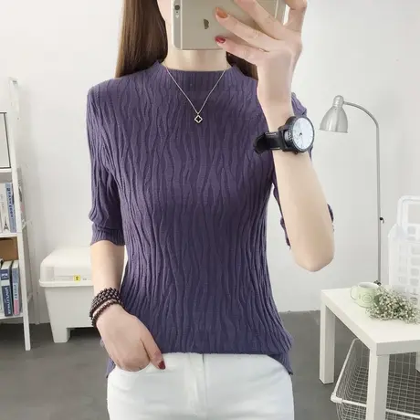 针织衫半袖t恤女2023春夏新款七分袖修身薄款短袖内搭洋气爆款女商品大图