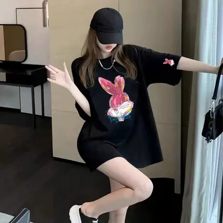 欧货中长款遮臀纯棉黑色卡通短袖t恤女士夏季休闲爆款宽松上衣潮商品大图