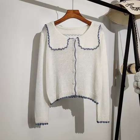 娃娃领镂空针织开衫女夏外穿新款配裙子外搭温柔短款防晒上衣罩衫商品大图