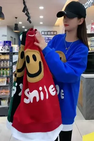 2023春秋新款假两件笑脸字母印花卫衣女慵懒风宽松洋气小个子上衣图片