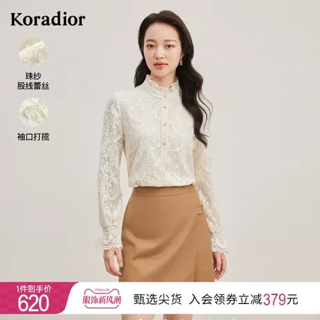 珂莱蒂尔女装2023秋季新款法式木耳边设计感圆领蕾丝衬衫短款上衣图片