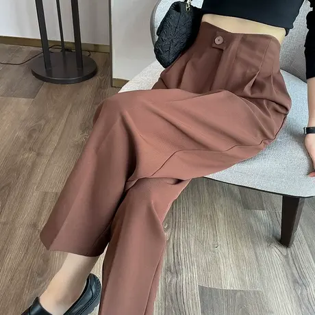 红色九分西装裤女春秋2023新款小个子裤子高腰垂感宽松直筒烟管裤图片