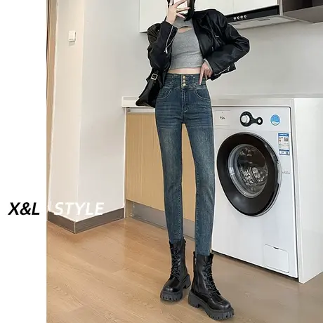 紧身加绒小脚牛仔裤女秋冬款2023新款复古高腰设计感显瘦铅笔裤子商品大图