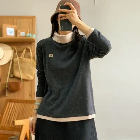 dza复古宽松双面绒T恤女士秋冬洋气内搭假两件上衣休闲短款打底衫商品大图