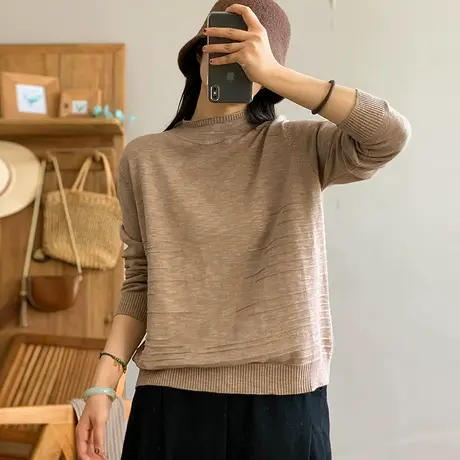 dza 复古纯色半高圆领毛衣女士秋冬内搭打底衫宽松上衣长袖针织衫图片