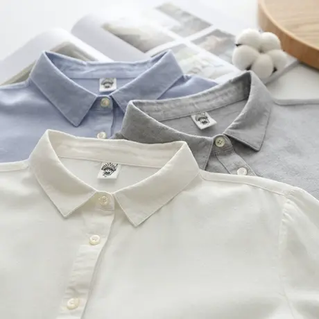 长袖衬衫女宽松2023秋文艺百搭纯棉柔软打底尖领磨毛上衣外套衬衣图片