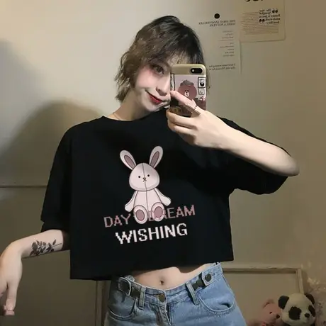 设计感小众短款露脐t恤女夏2024夏季小个子宽松短袖黑色短t上衣商品大图