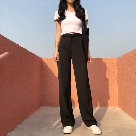 ins超火cec春秋阔腿裤女高腰坠感休闲长裤小个子百搭垂感泫雅裤子图片