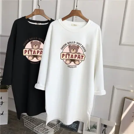 女士印花韩版纯棉打底衫长袖中长款新款磨毛宽松薄款学院风上衣服图片