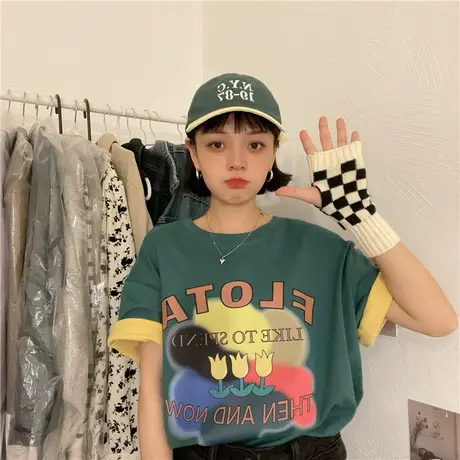 红续2023春夏新款撞色小众设计感纯棉宽松百搭ins短袖T恤女上衣潮图片