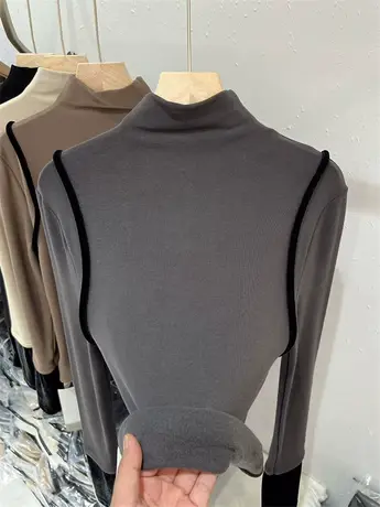 2023秋冬半高领修身拼接羊绒针织长袖T恤弹力软糯套头纯色打底衫商品大图