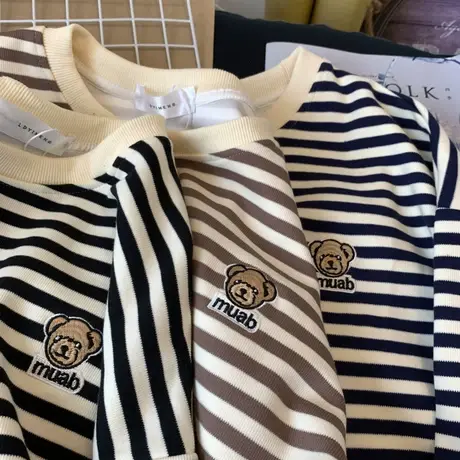 刺绣小熊2022年新款春秋薄款宽松条纹卫衣女bf慵懒风设计感小众潮商品大图