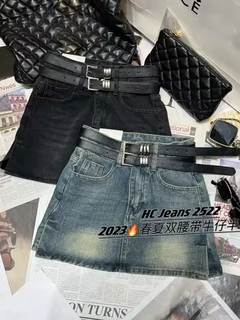 2023春秋新款韩版高腰百搭显瘦牛仔短裙女时尚双腰带小开叉短裤裙图片