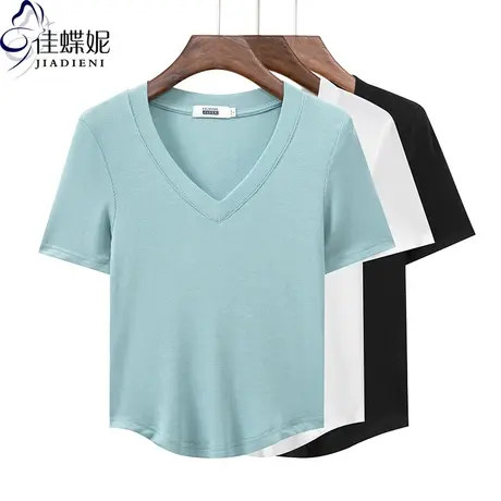 夏季新款V领修身显瘦纯色纯棉下摆圆弧纯欲短袖体恤上衣女打底衫商品大图