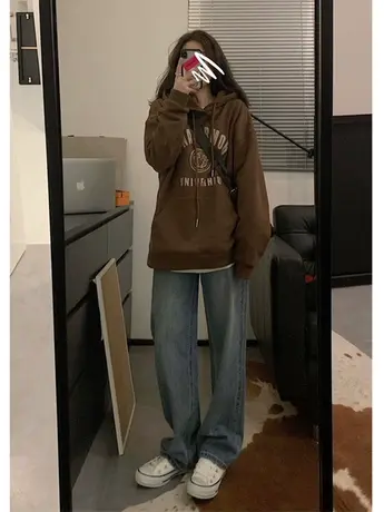 oversize连帽卫衣女大码2022春秋新款美式vibe棕色外套ins潮上衣商品大图