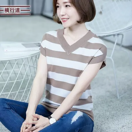 2025夏装新款V领针织衫条纹中年妈妈短袖T恤女装宽松天丝上衣半袖商品大图