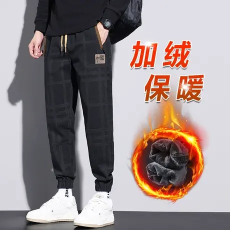 冬季加绒加厚英伦痞风男士束脚休闲长裤子秋冬款宽松哈伦格子工装商品大图