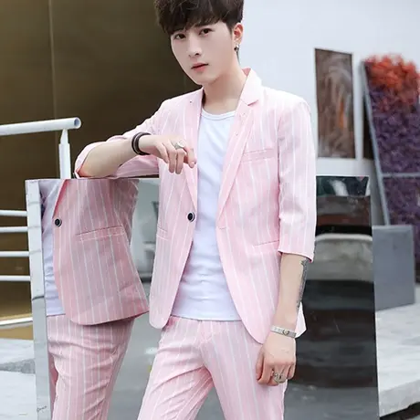 男士休闲条纹小西装男套装夏季潮流夜店修身七分裤中袖西服套装男商品大图