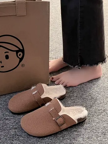 三喜同款勃肯鞋包头毛毛拖鞋女外穿2023新款加绒保暖厚底博肯鞋商品大图