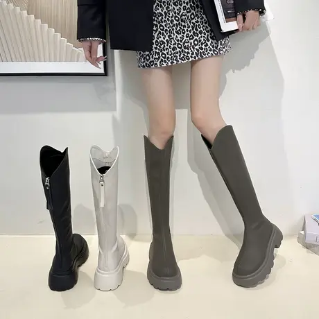靴子女长筒靴2024年秋季新款时尚休闲小个子粗跟防滑英伦风骑士靴图片