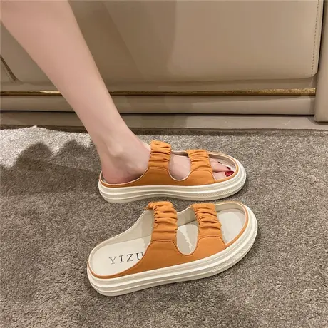 拖鞋女外穿2024新款春夏季鱼嘴懒人拖厚底时尚千鸟格帆布凉拖ins商品大图