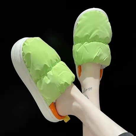 防水棉拖鞋女冬季毛绒保暖月子鞋羽绒布厚底防滑室内居家包头拖鞋商品大图