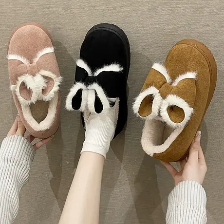 时尚蝴蝶结棉拖鞋女冬季磨砂面包跟外穿加绒保暖厚底室内居家棉鞋商品大图